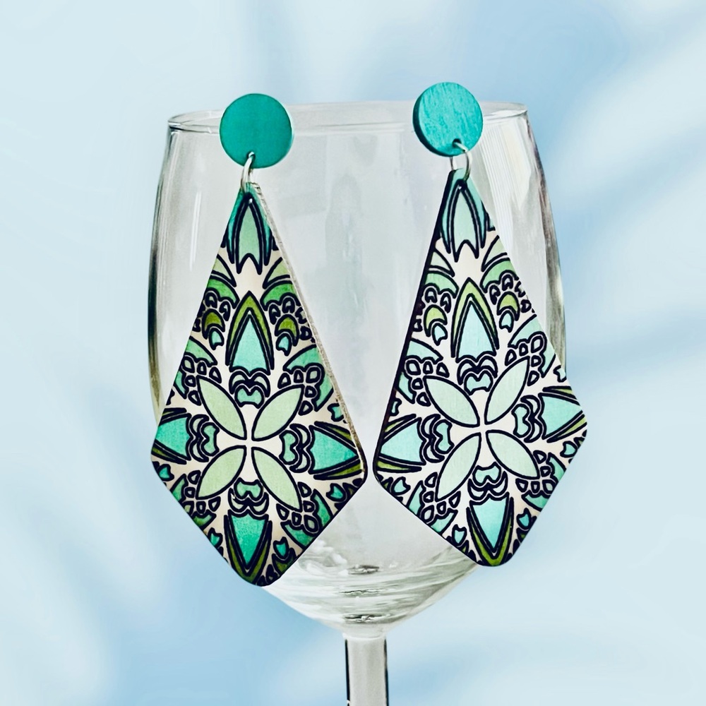 Turquoise/Beige Painted Dangle Earrings